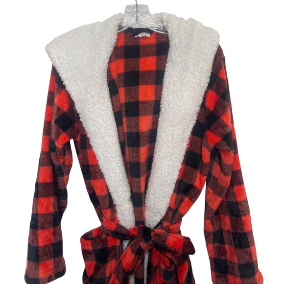 Jenni Intimates Hooded Robe Womens Medium/Large Red Black New Belted - Picture 3 of 8
